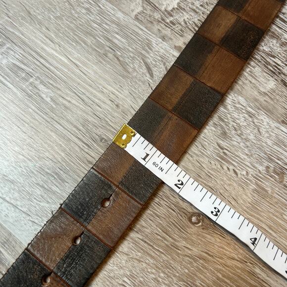 Vintage 90s Y2K Brown Checkerboard Leather Belt Silver Buckle Y2K Medium - Picture 6 of 8